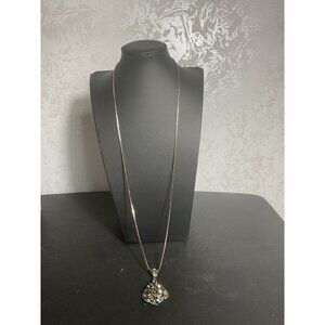 Long Silver Necklace With Teardrop Crystal Pendant & Rhinestone Accents